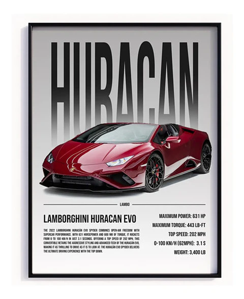 Cuadro Auto Lamborghini Huracán Evo Spyder Tinto + Marco