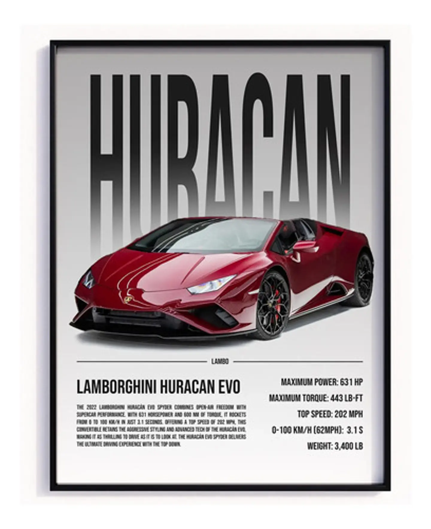 Cuadro Auto Lamborghini Huracán Evo Spyder Tinto + Marco 2