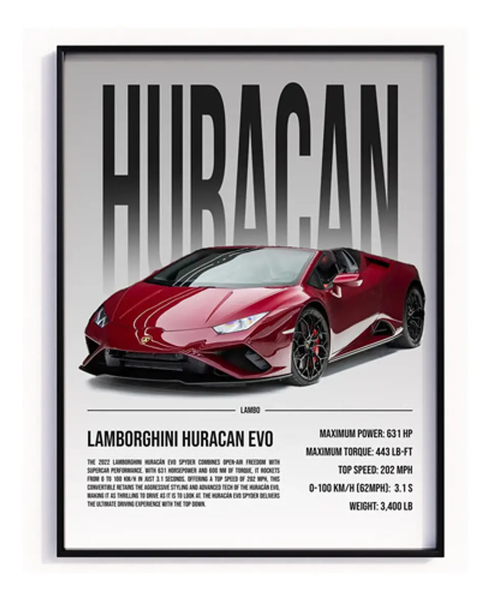 Cuadro Auto Lamborghini Huracán Evo Spyder Tinto + Marco 2