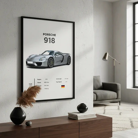 Cuadro Auto Porsche 918 Spider Gris Deportivo + Marco