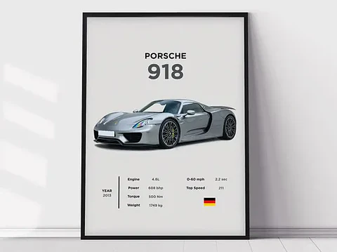 Cuadro Auto Porsche 918 Spider Gris Deportivo + Marco