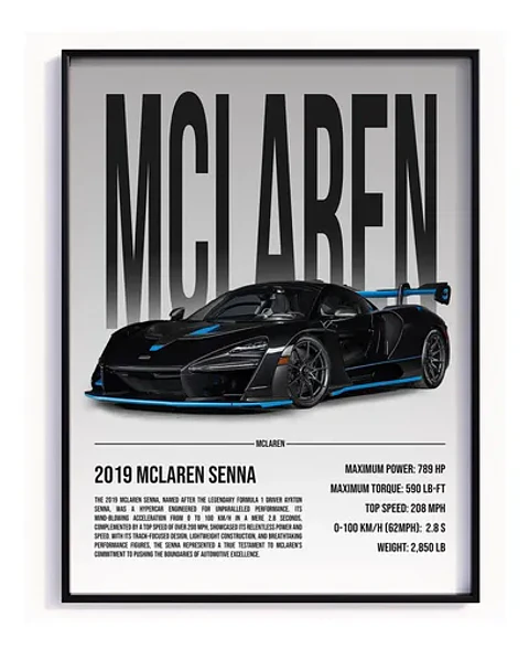 Cuadro Auto Mclaren Senna Negro Celeste Deportivo + Marco