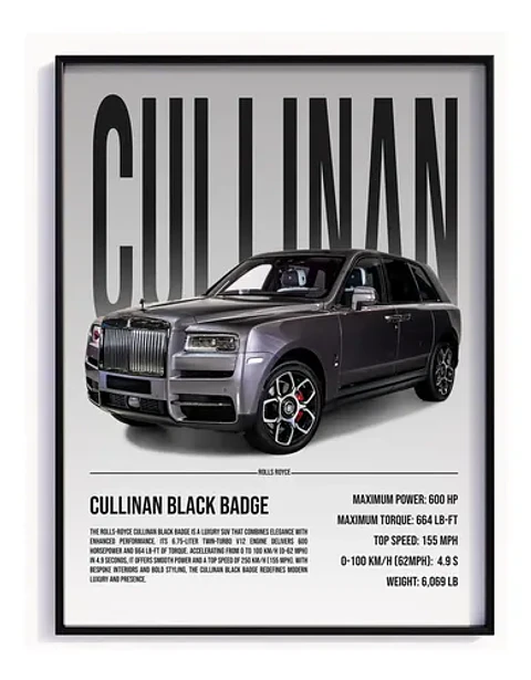 Cuadro Auto Rolls Royce Cullinan Negra Deportivo + Marco