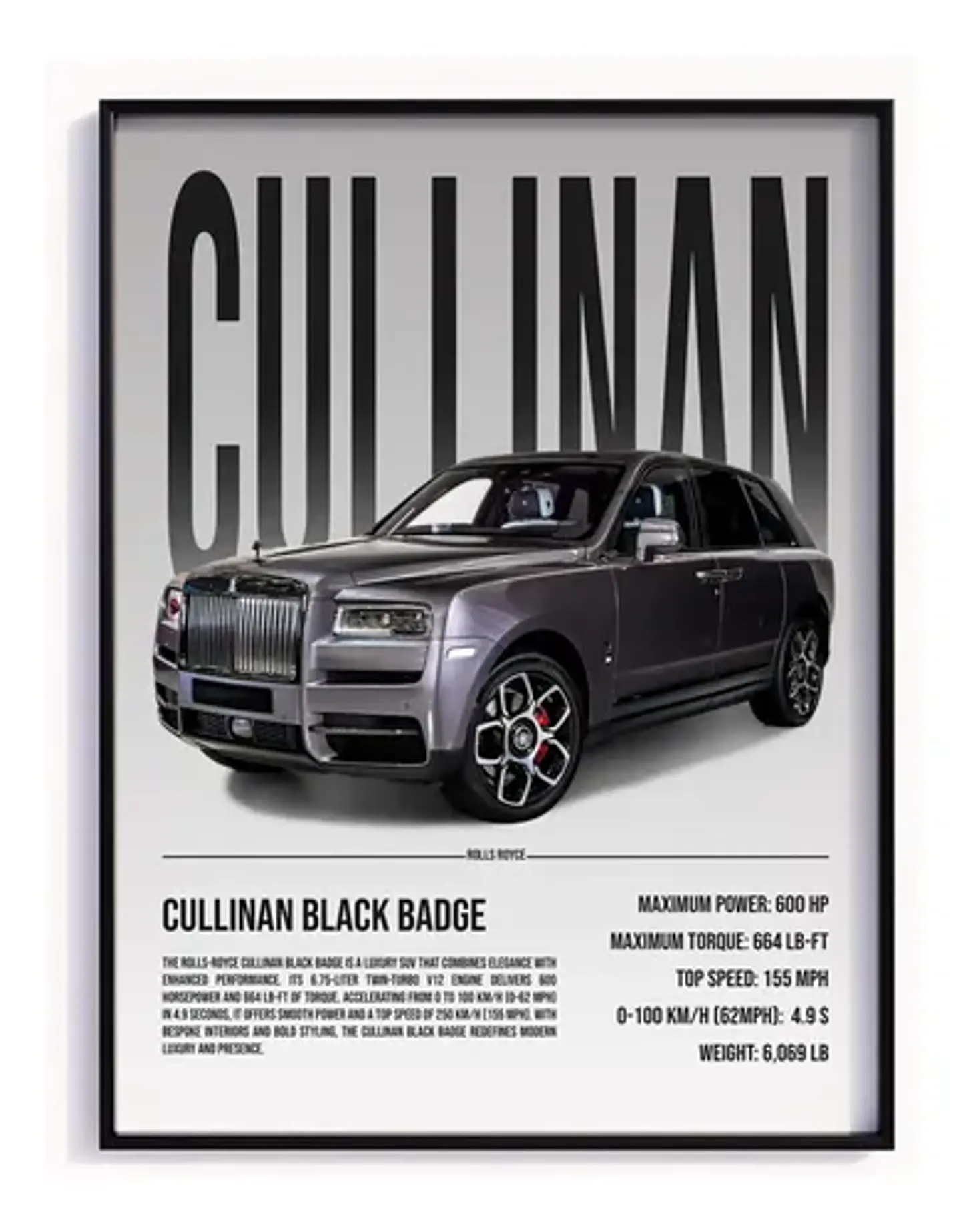 Cuadro Auto Rolls Royce Cullinan Negra Deportivo + Marco 2