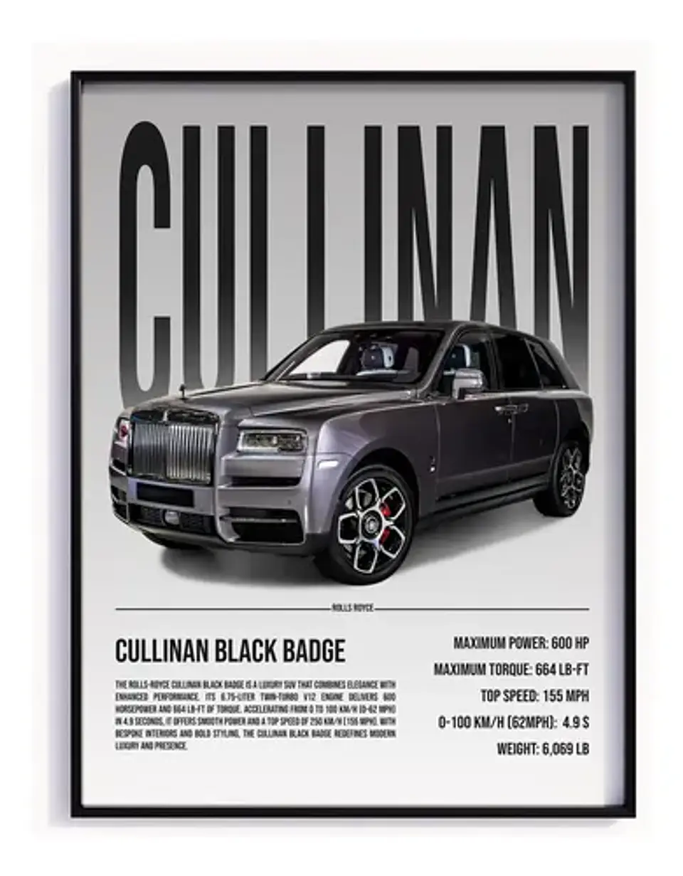 Cuadro Auto Rolls Royce Cullinan Negra Deportivo + Marco 2