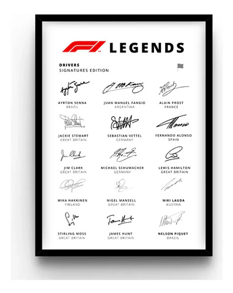 Cuadro De F1 Pilotos Leyendas Autógrafo Formula 1 + Marco