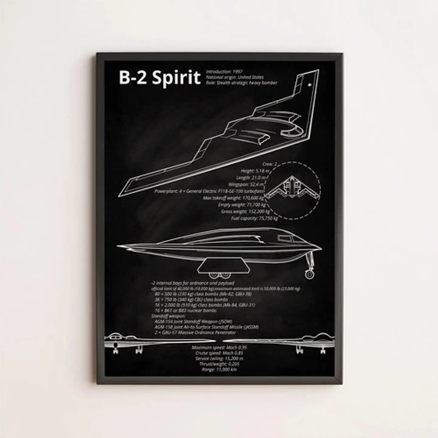 3 Cuadros De Avion De Guerra Furtivo B-2 Spirit  + Marco 3