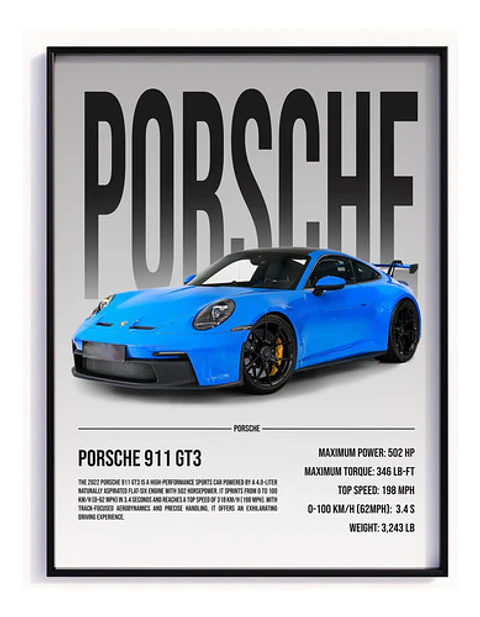 Cuadro Auto Porsche 911 Gt3 Azul Deportivo + Marco