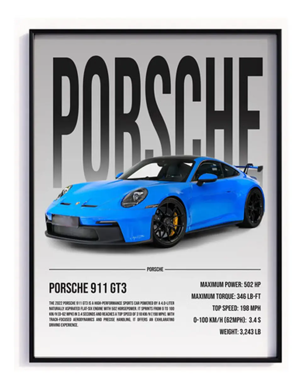 Cuadro Auto Porsche 911 Gt3 Azul Deportivo + Marco 2