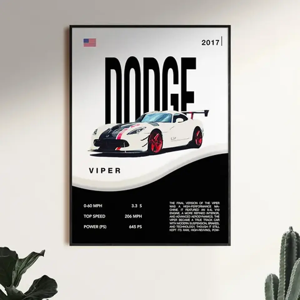 Cuadro Auto Dodge Viper Blanco Deportivo + Marco Negro 1