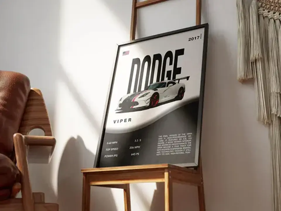 Cuadro Auto Dodge Viper Blanco Deportivo + Marco Negro 3
