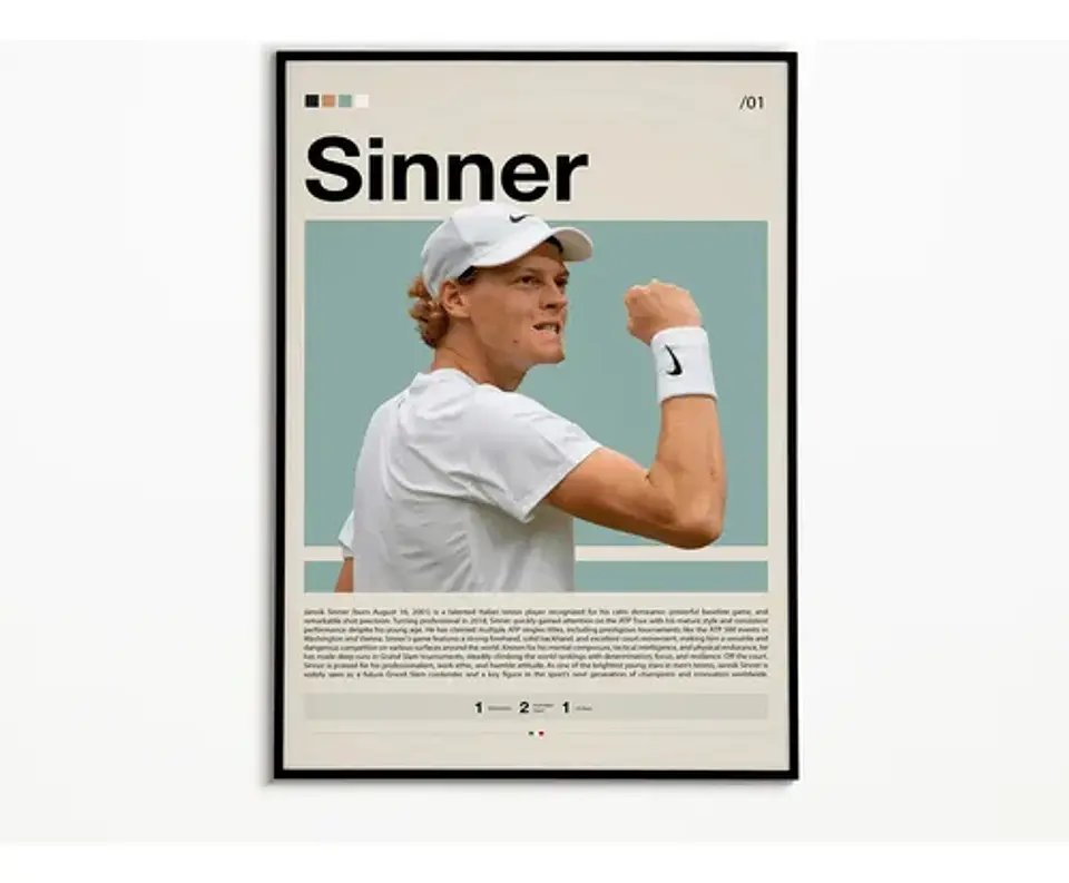 7 Cuadros De Tenista Jannick Sinner Tenis + Marco Negro 3