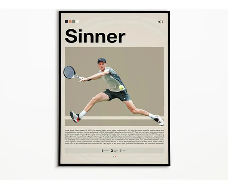 7 Cuadros De Tenista Jannick Sinner Tenis + Marco Negro 4