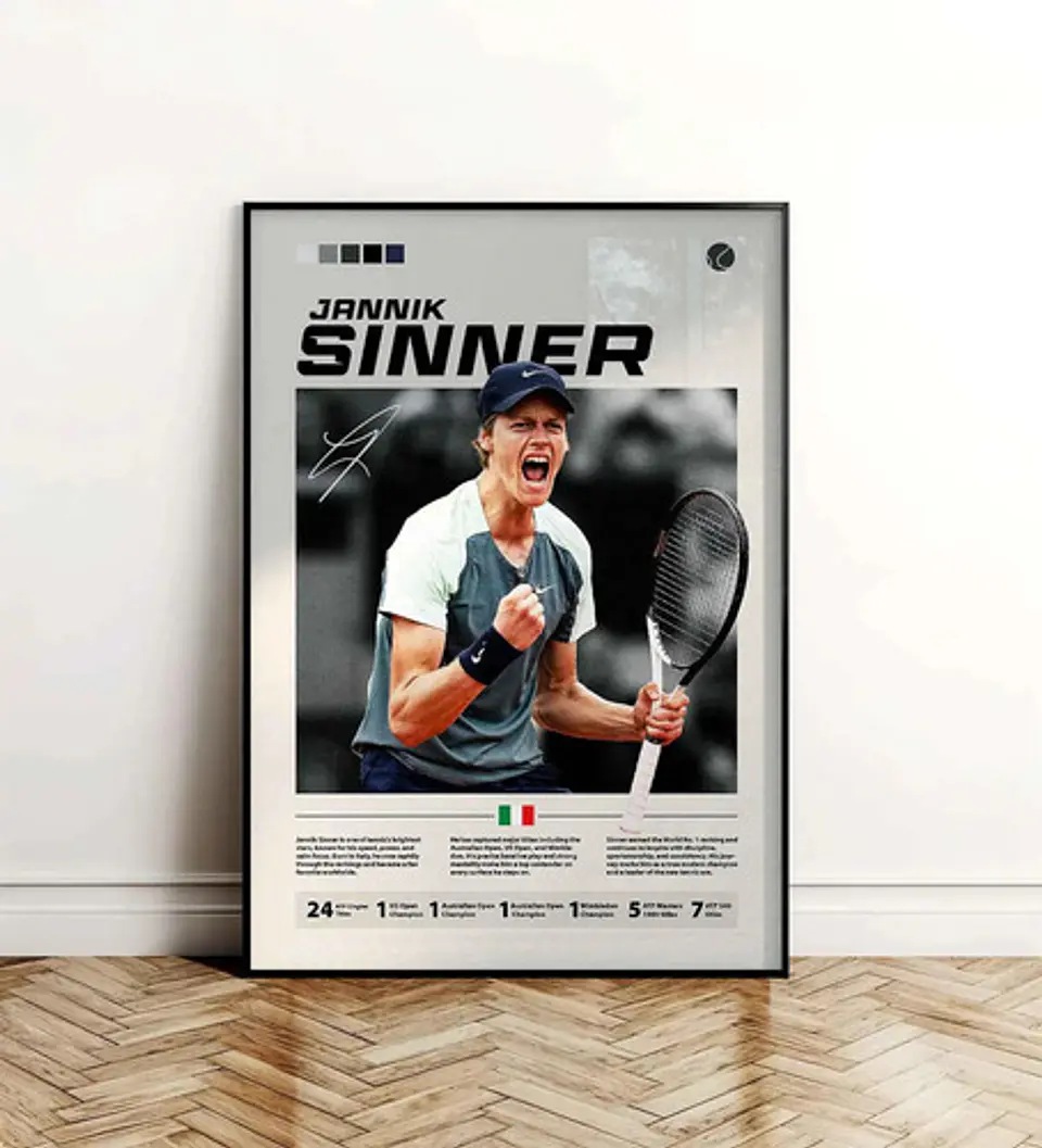 7 Cuadros De Tenista Jannick Sinner Tenis + Marco Negro 5