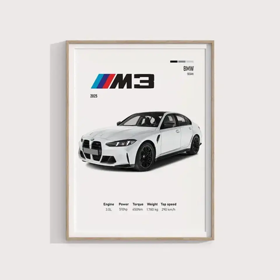 Cuadro Bmw M3 2025 Blanco Deportivo + Marco 1