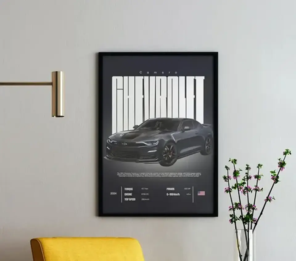Cuadro Chevrolet Camaro Negro Auto Deportivo + Marco 3