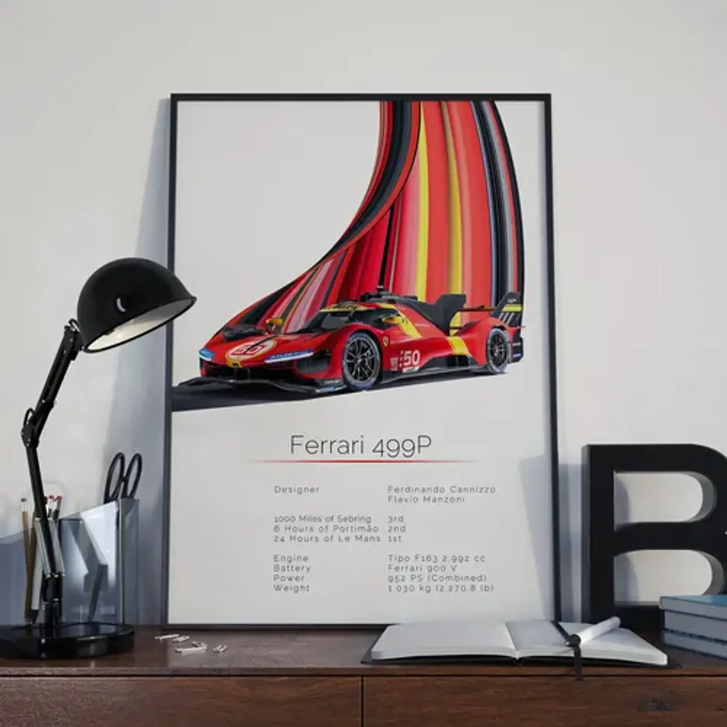 Cuadro Auto Ferrari 499p Hypercar Le Mans Wec + Marco Negro 3