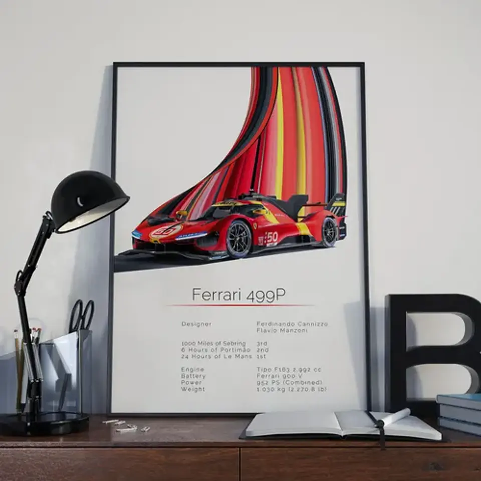 Cuadro Auto Ferrari 499p Hypercar Le Mans Wec + Marco Negro 3