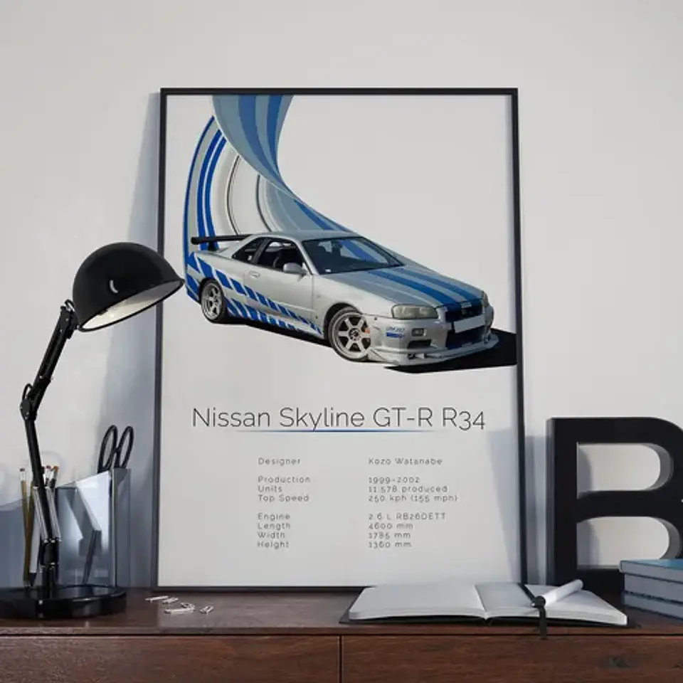 Cuadro Auto Nissan Gt-r R34 Jdm Skyline + Marco Negro 2