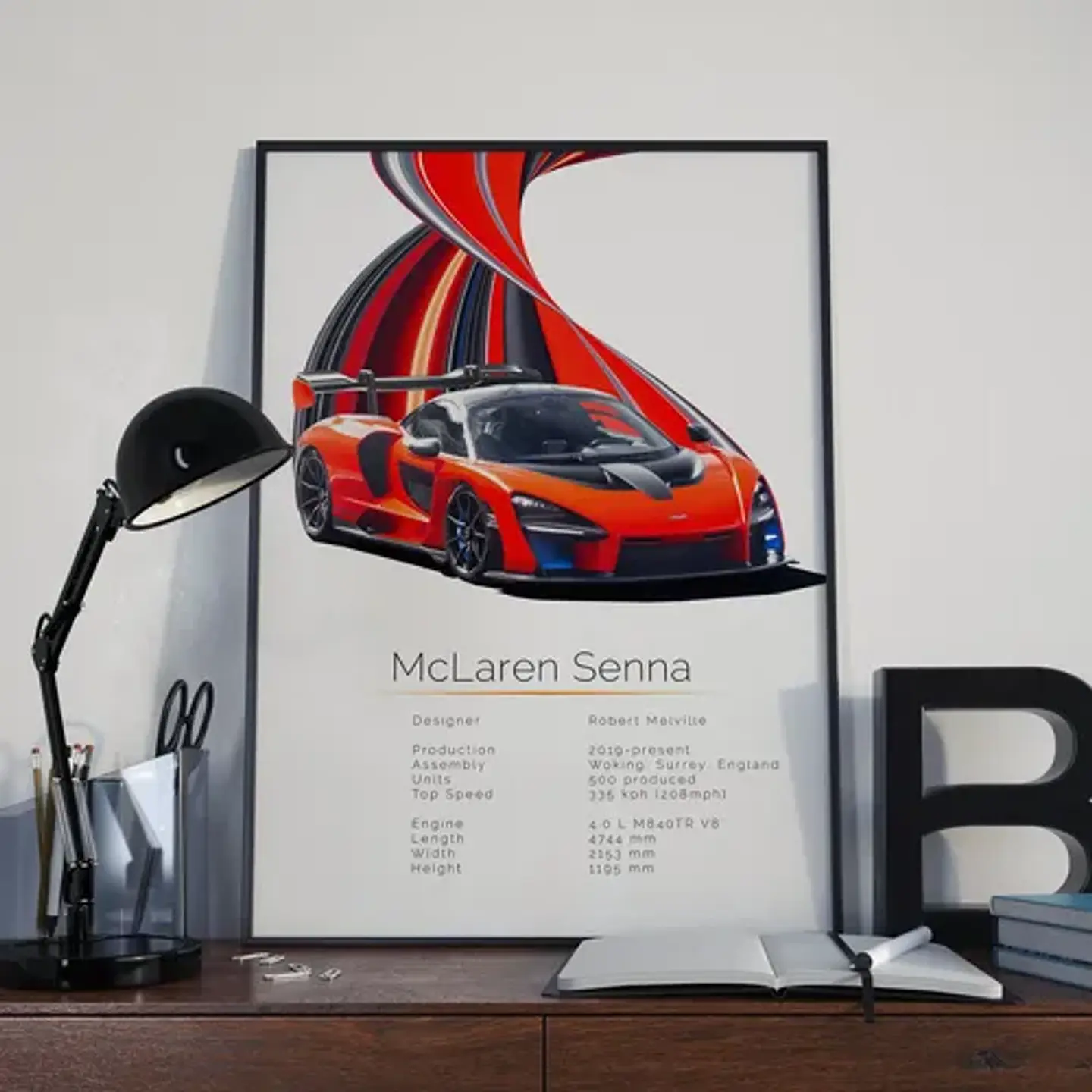 Cuadro Auto Mclaren Senna Naranja Supercar + Marco Negro 3