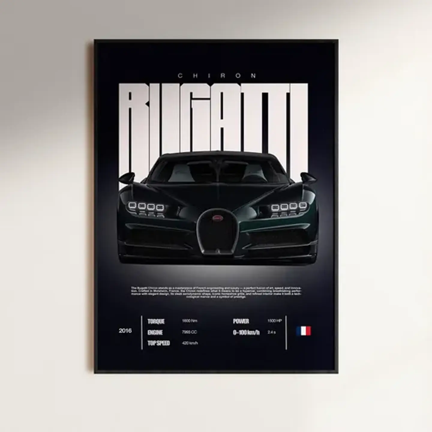 Cuadro Auto Bugatti Chiron Negro + Marco 1