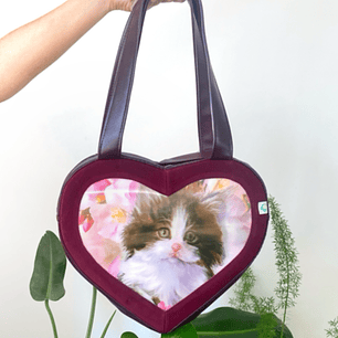 Totebag Corazón Grande Burdeo Gato flores