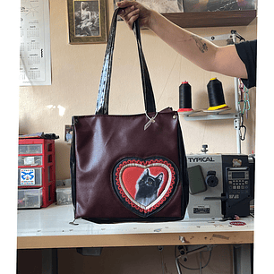 Totebag Rosa Gato Negro Corazón Burdeo 