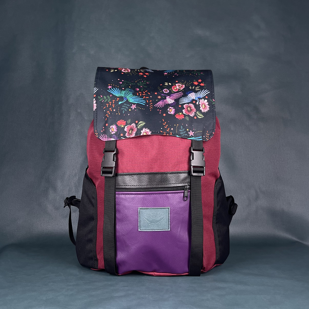 Mochila Viajero Burdeo Pájaros 2