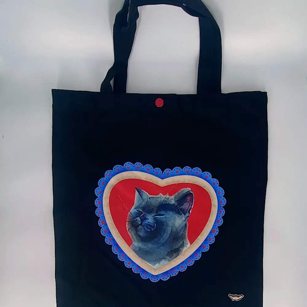 Totebag Negra Corazón Gato Gris