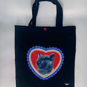 Totebag Negra Corazón Gato Gris