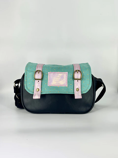 Cartera Nina Glitter Menta Detalles dorados y Rosa