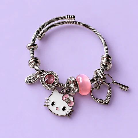 Pulsera Hello Kitty con Dijes y Cristales Rosa + Bolsita de Regalo
