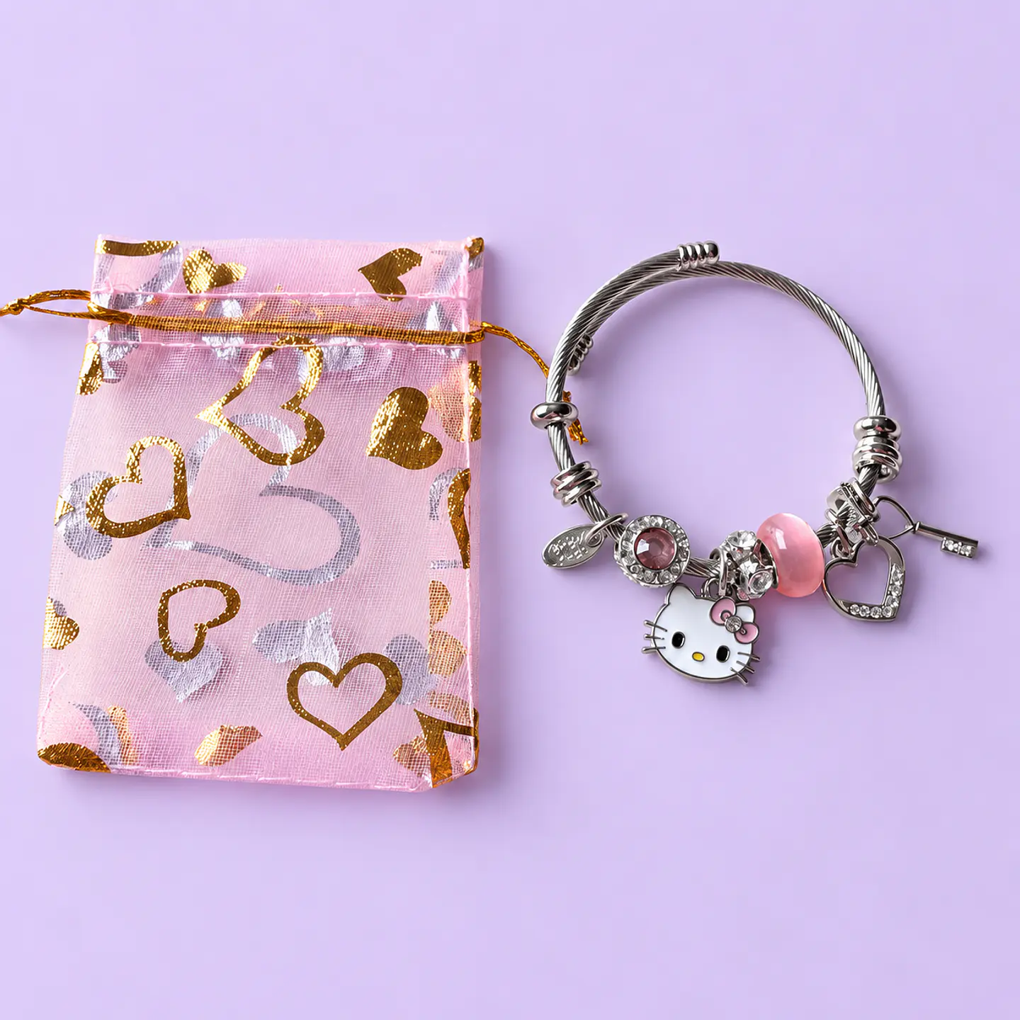 Pulsera Hello Kitty con Dijes y Cristales Rosa + Bolsita de Regalo 2