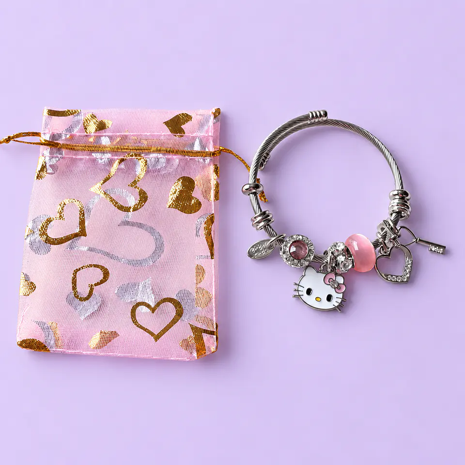 Pulsera Hello Kitty con Dijes y Cristales Rosa + Bolsita de Regalo 2