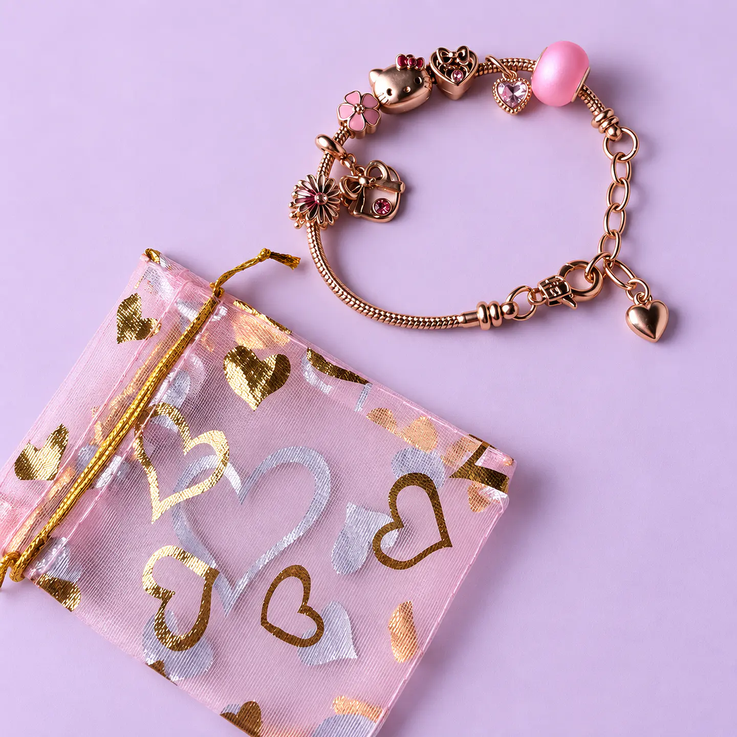 Pulsera Hello Kitty con Dijes y Cristales – Rose Gold + Bolsita de Regalo 2