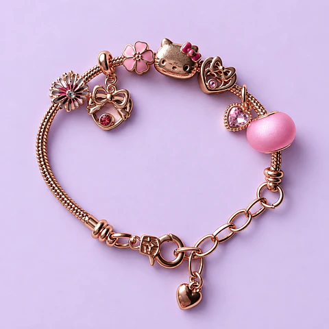 Pulsera Hello Kitty con Dijes y Cristales – Rose Gold + Bolsita de Regalo