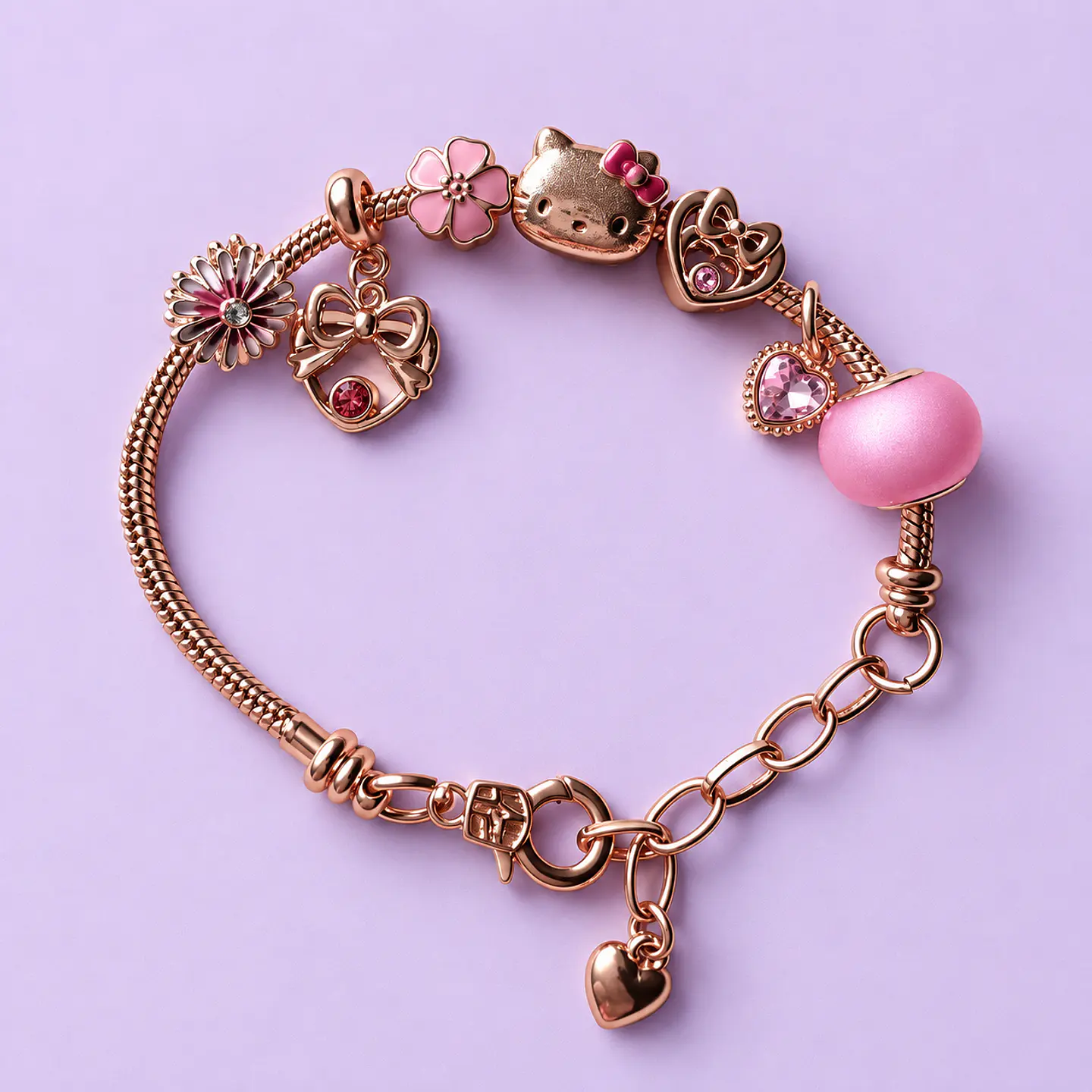 Pulsera Hello Kitty con Dijes y Cristales – Rose Gold + Bolsita de Regalo 1