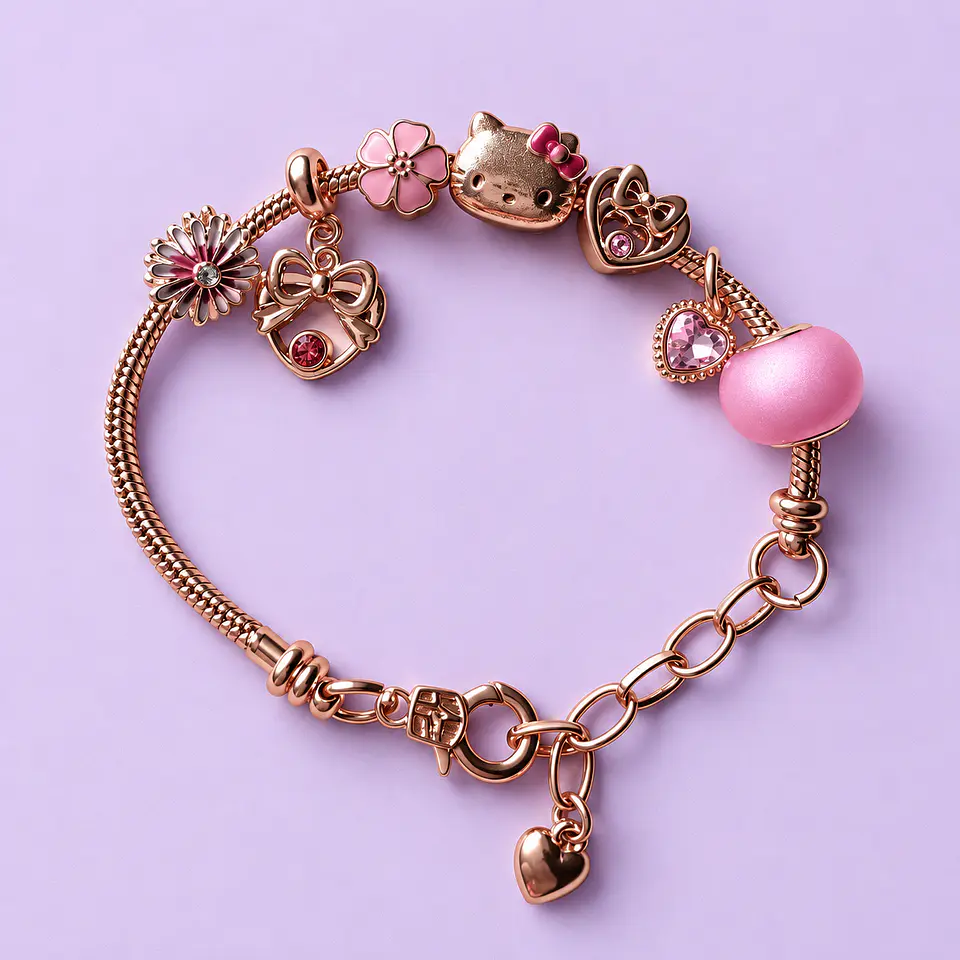 Pulsera Hello Kitty con Dijes y Cristales – Rose Gold + Bolsita de Regalo 1