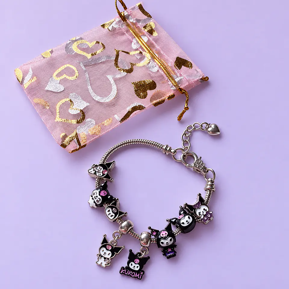 Pulsera Kuromi con Dijes – Plateada + Bolsita de Regalo 1