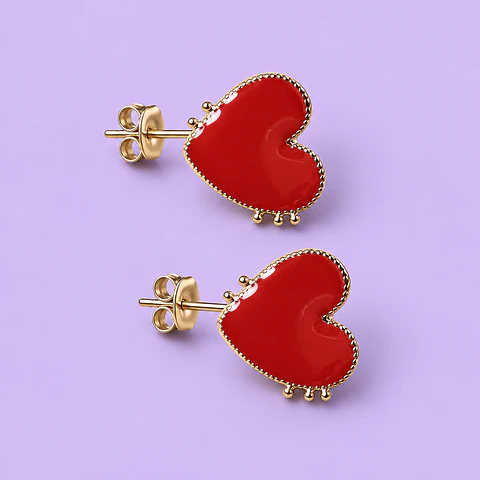 Aros Corazón Rojo Esmaltado con Borde Dorado
