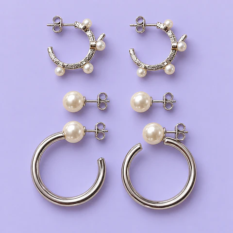 Set 3 Pares de Aros con Perlas – Argollas y Botón