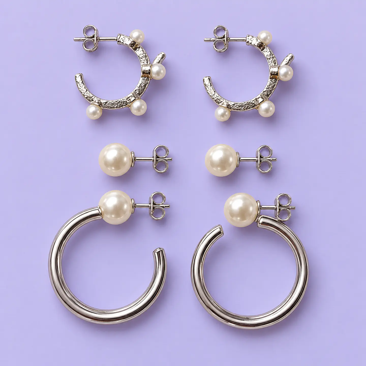 Set 3 Pares de Aros con Perlas – Argollas y Botón 1