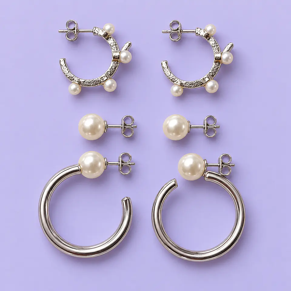 Set 3 Pares de Aros con Perlas – Argollas y Botón 1
