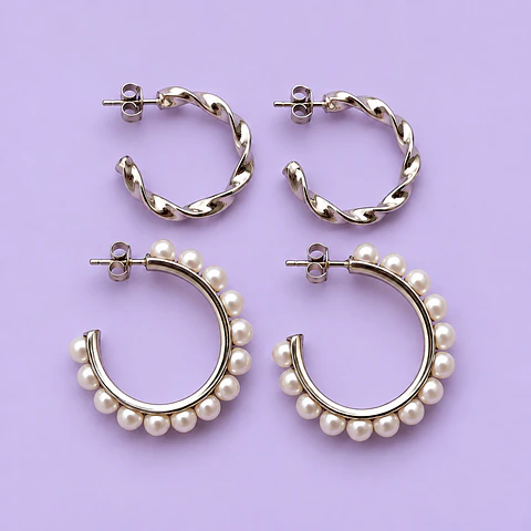 Set 2 Pares de Aros – Argollas Trenzadas y Perlas