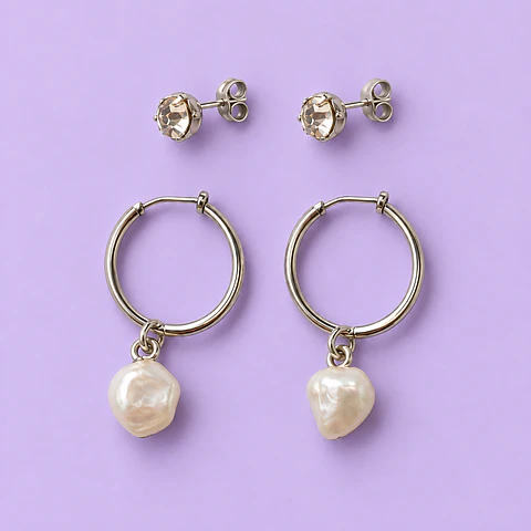 Set 2 Pares de Aros – Argollas con Perla y Cristal