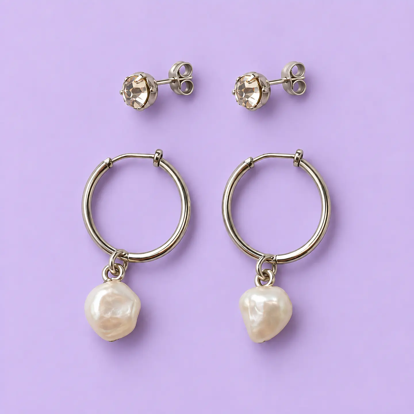 Set 2 Pares de Aros – Argollas con Perla y Cristal 1