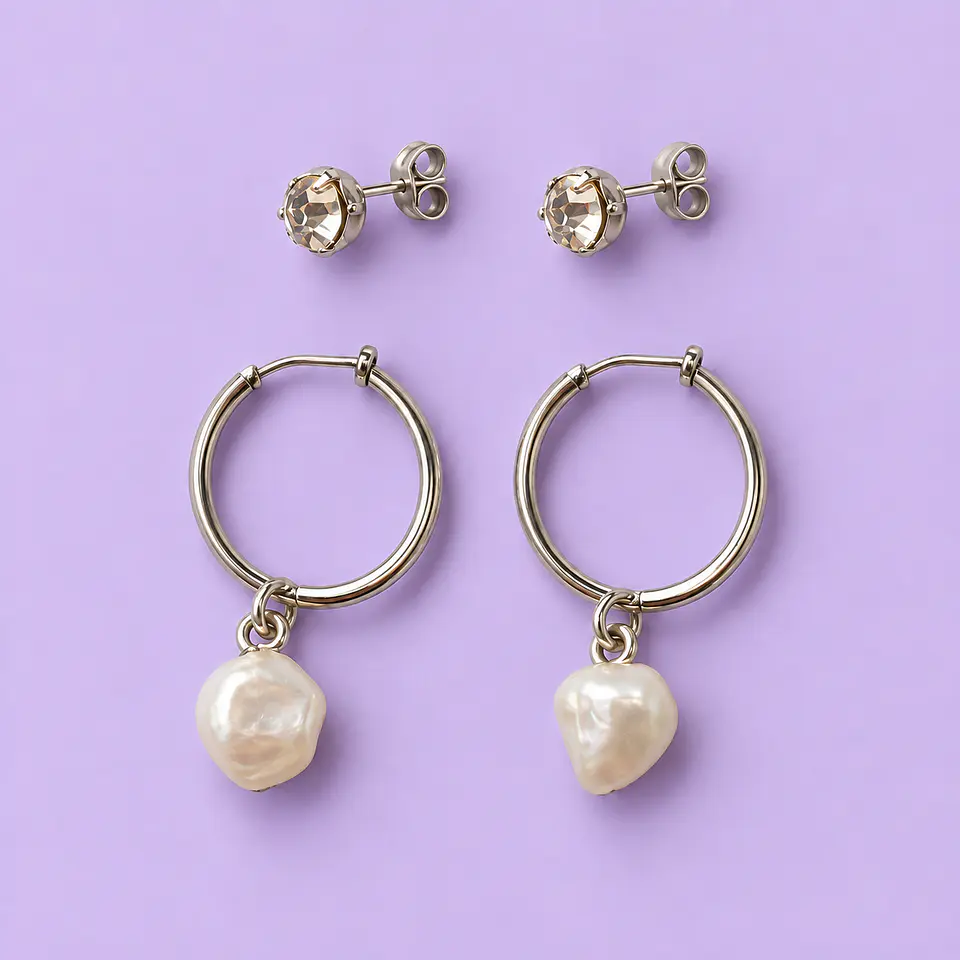 Set 2 Pares de Aros – Argollas con Perla y Cristal 1