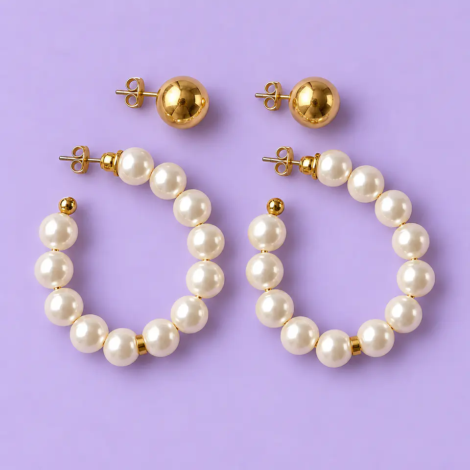 Set 2 Pares de Aros – Argollas de Perlas y Esferas Doradas 1