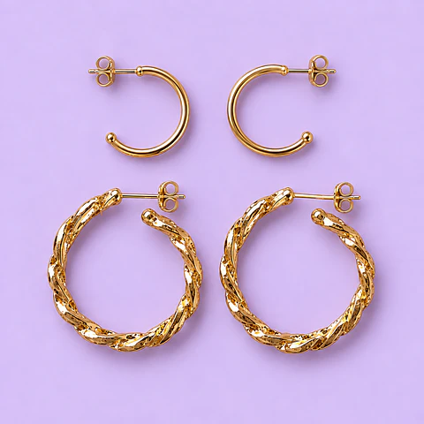 Set 2 Pares de Argollas Doradas – Lisas y Trenzadas
