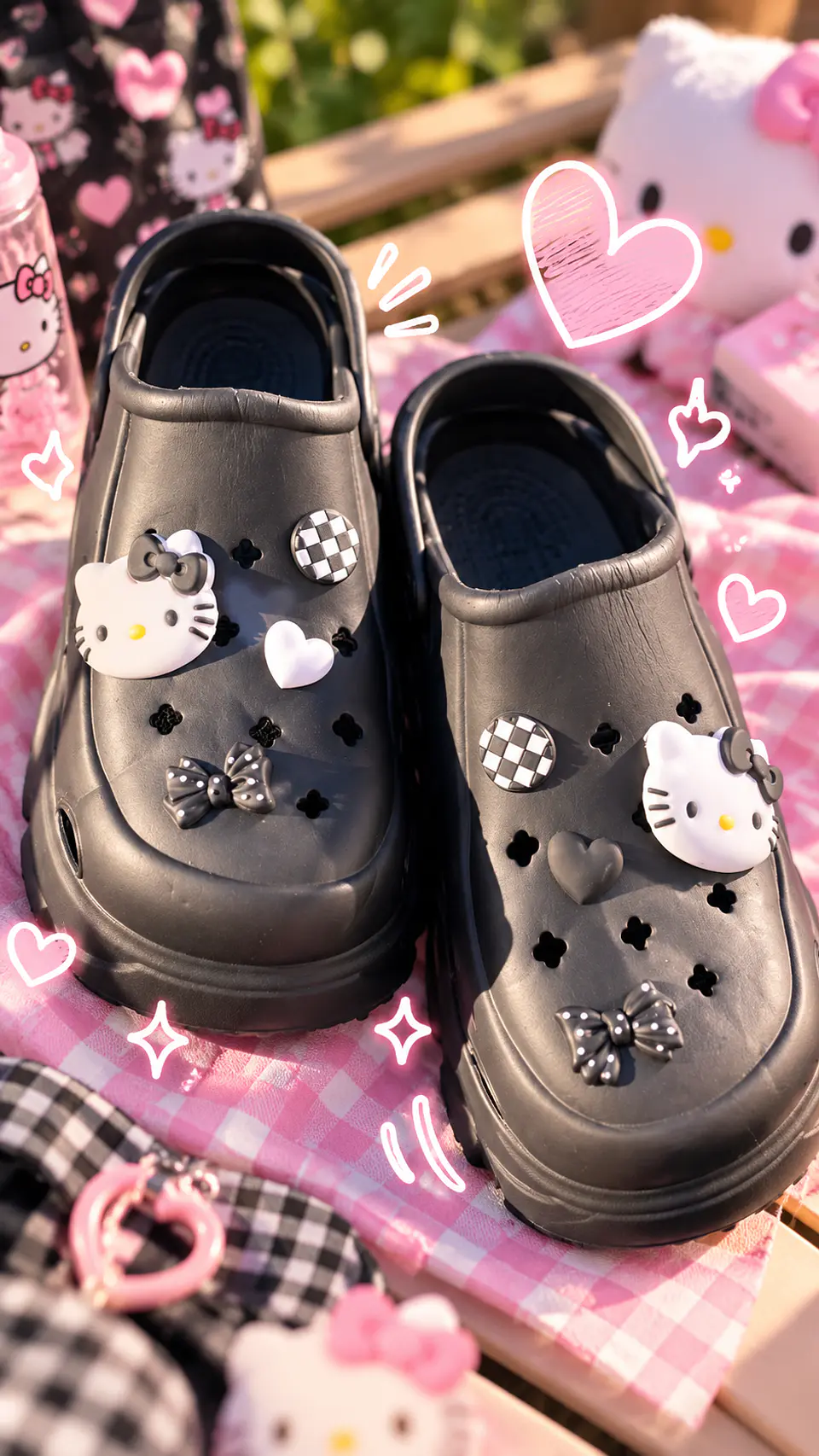Crocs Hello Kitty con 18 Jibbitz – Blanco y Negro 3